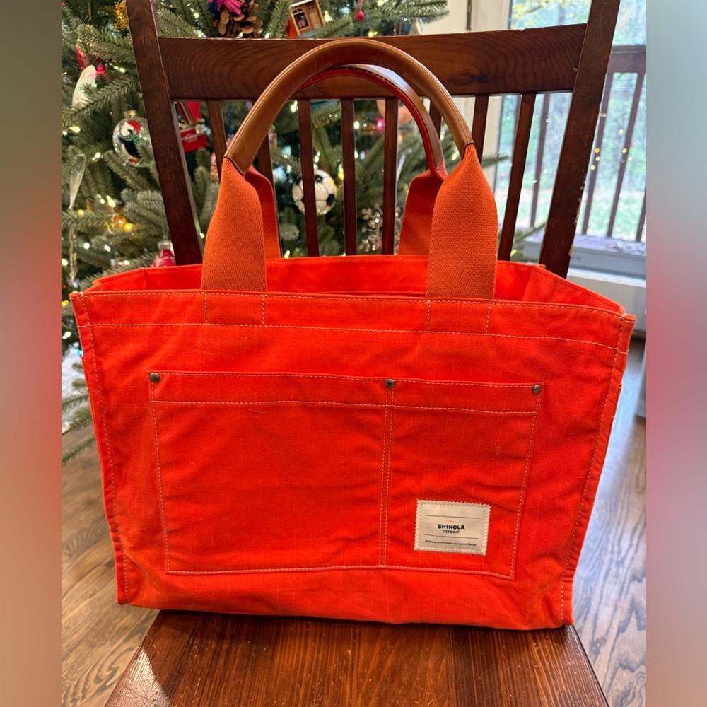Shinola Detroit Runabout Open Tote Waxed Orange Canvas Tote Bag